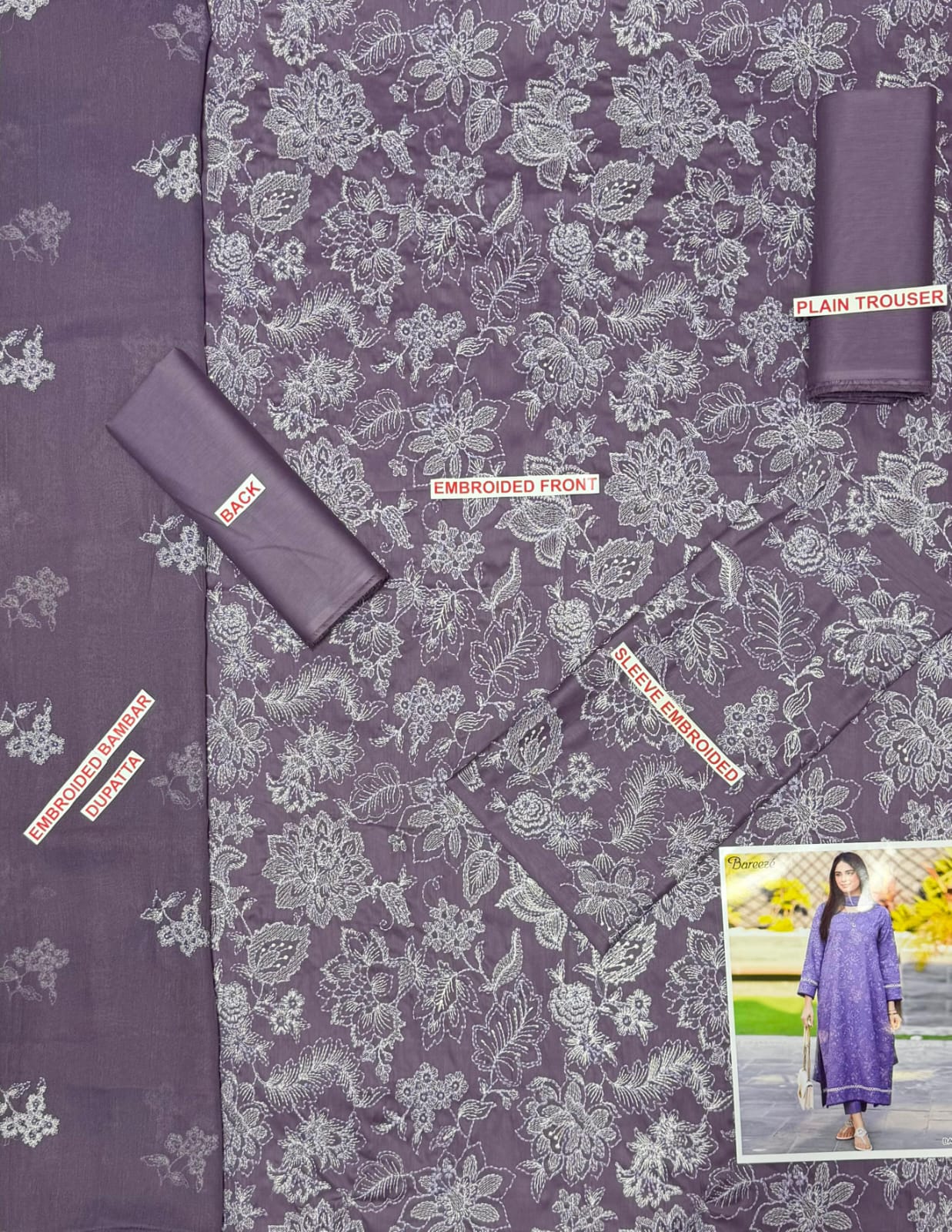 BAREEZE EMBROIDED LAWN 3PC